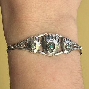 Native American Triple Bear Paw Claw with Turquoise Sterling Silver Bracelet